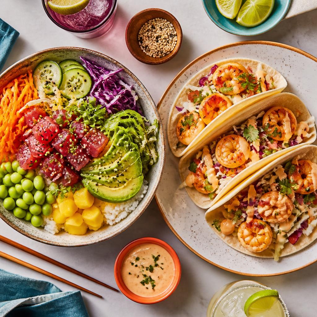 Poke bowl and shrimp tacos